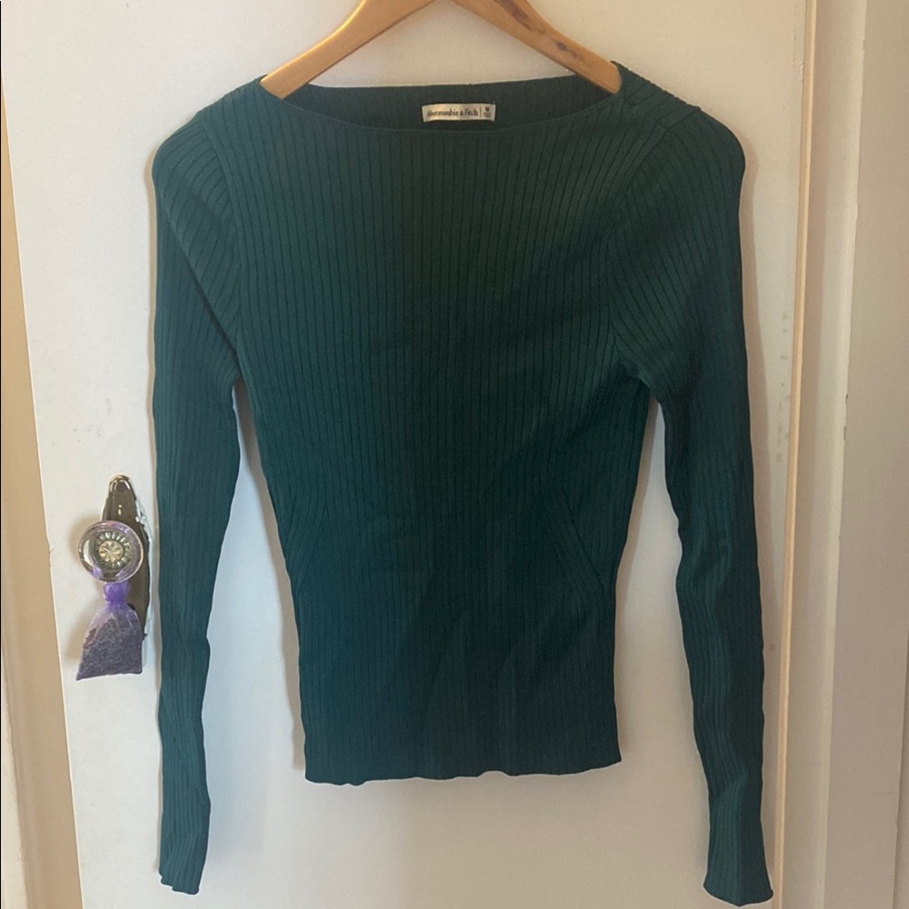 Abercrombie & Fitch Green Fitted Ribbed Long Sleeve Blouse